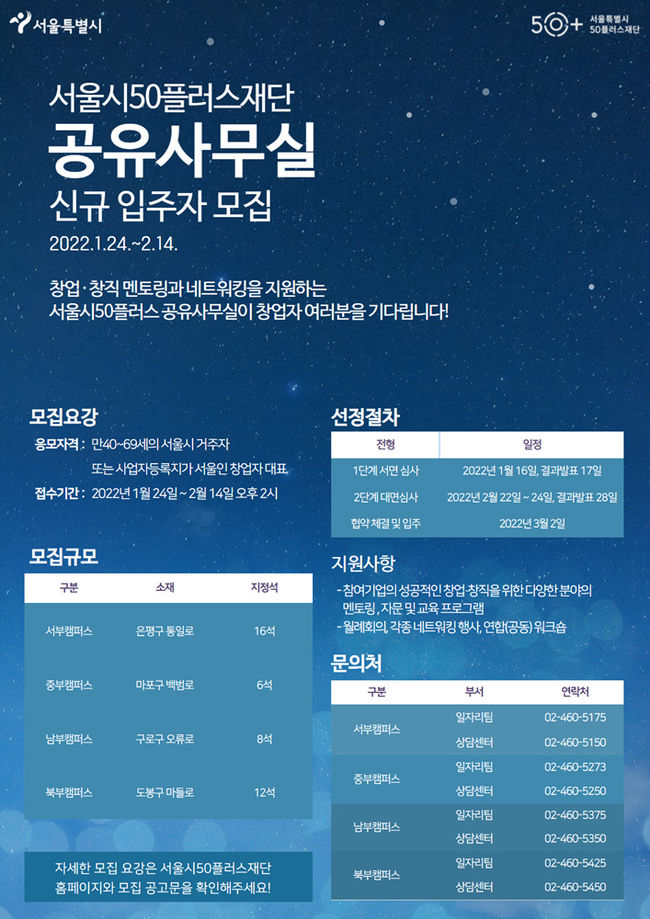 50플러스캠퍼스 공유사무실 입주자 모집 포스터 (이미지=서울시)