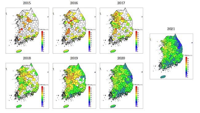 연도별 · 지역별 초미세먼지 농도 (자료=환경부)