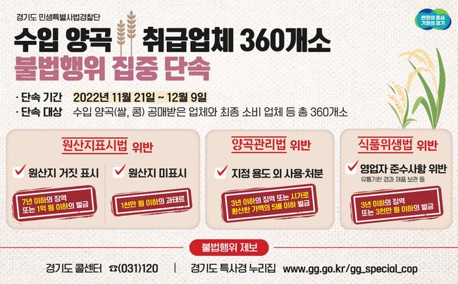 경기도 민생특별사법경찰단이 오는 11월 21일부터 12월 9일까지 수입 양곡 취급업체의 불법 행위를 집중 단속한다. 그래픽=경기도청 제공