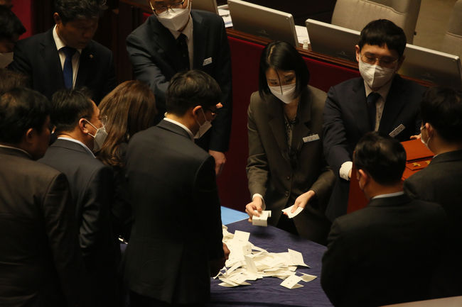 8일 국회 본회의에서 이상민 행정안전부 장관에 대한 탄핵소추안 투표 후 국회 직원들이 검표하고 있다.