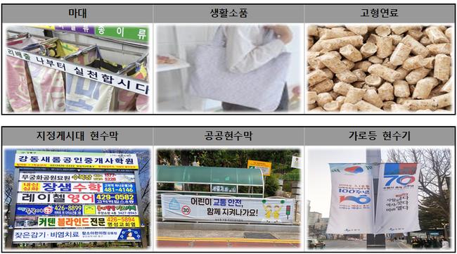 수거 현수막 재활용 사업(위) 및 지자체 친환경 현수막 제작 지원(아래)