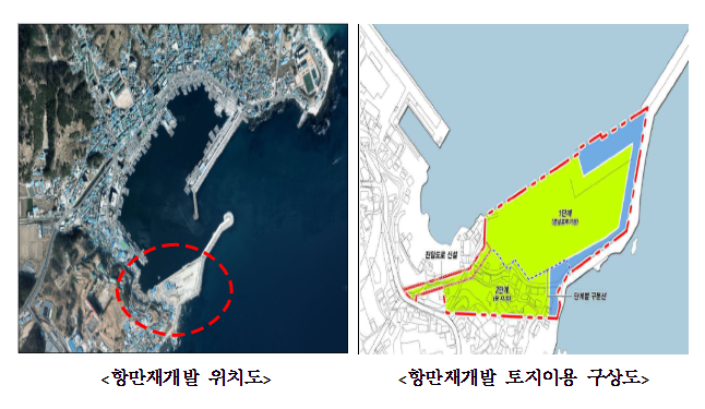 구룡포항 항만재개발 위치도 및 토지이용 구상도. (자료=해양수산부)