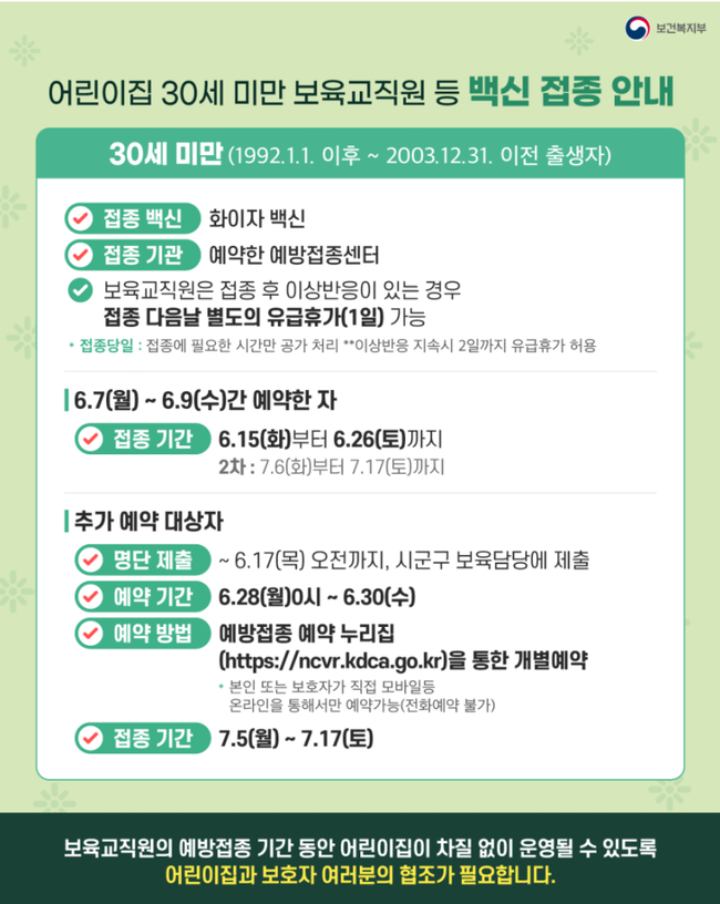 어린이집 30세 미만 보육교직원 등 백신 접종 안내문 (이미지=보건복지부)
