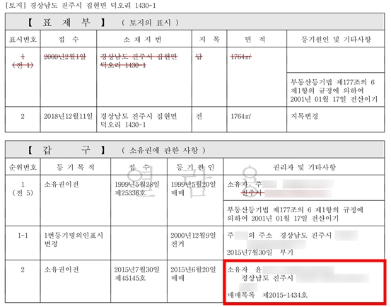 박 후보자의 모친 윤 모씨가 소유한 경남 진주시 집현면 일대의 농지