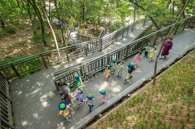 이번에 완성된 지양산 순환형 무장애숲길을 이용 중인 지역 아동들의 모습