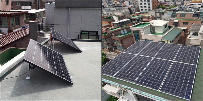 주택형 태양광 미니발전소(왼쪽 옥상 앵커형, 오른쪽 주택 경사지붕형)